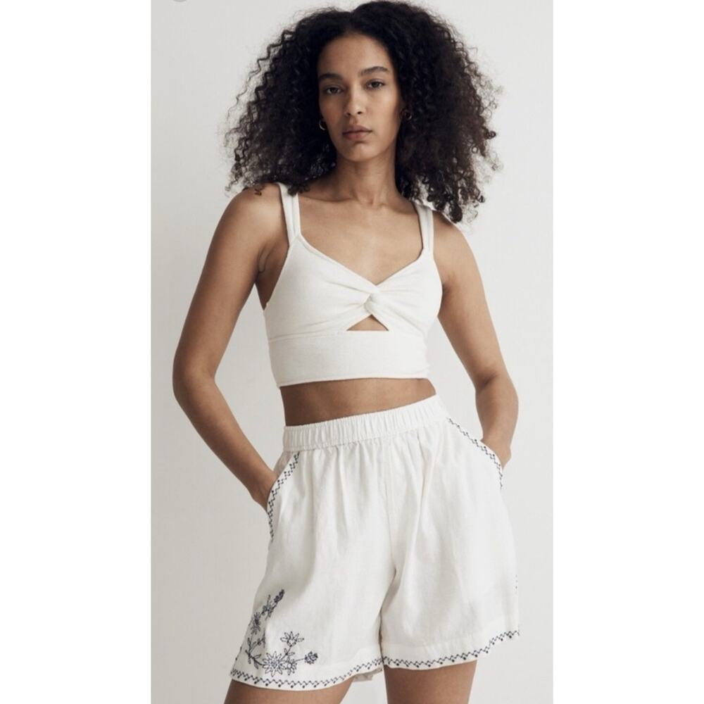 Madewell Pleated Cotton Linen Shorts Cream Coastal Blue Cross Stitch Preppy M